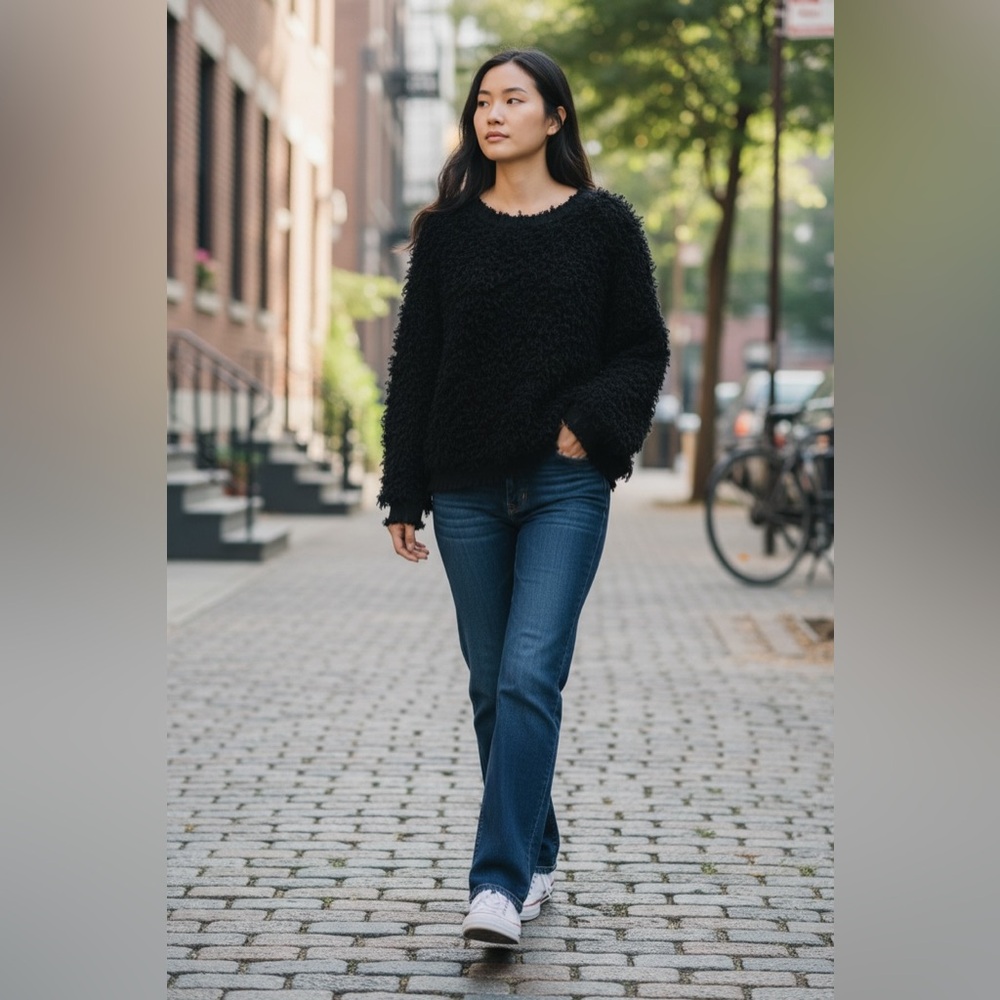 NWT Black Fuzzy Sweater Women’s Sherpa Cropped Knitted Witchy Crew Neck Size L - Picture 6 of 6